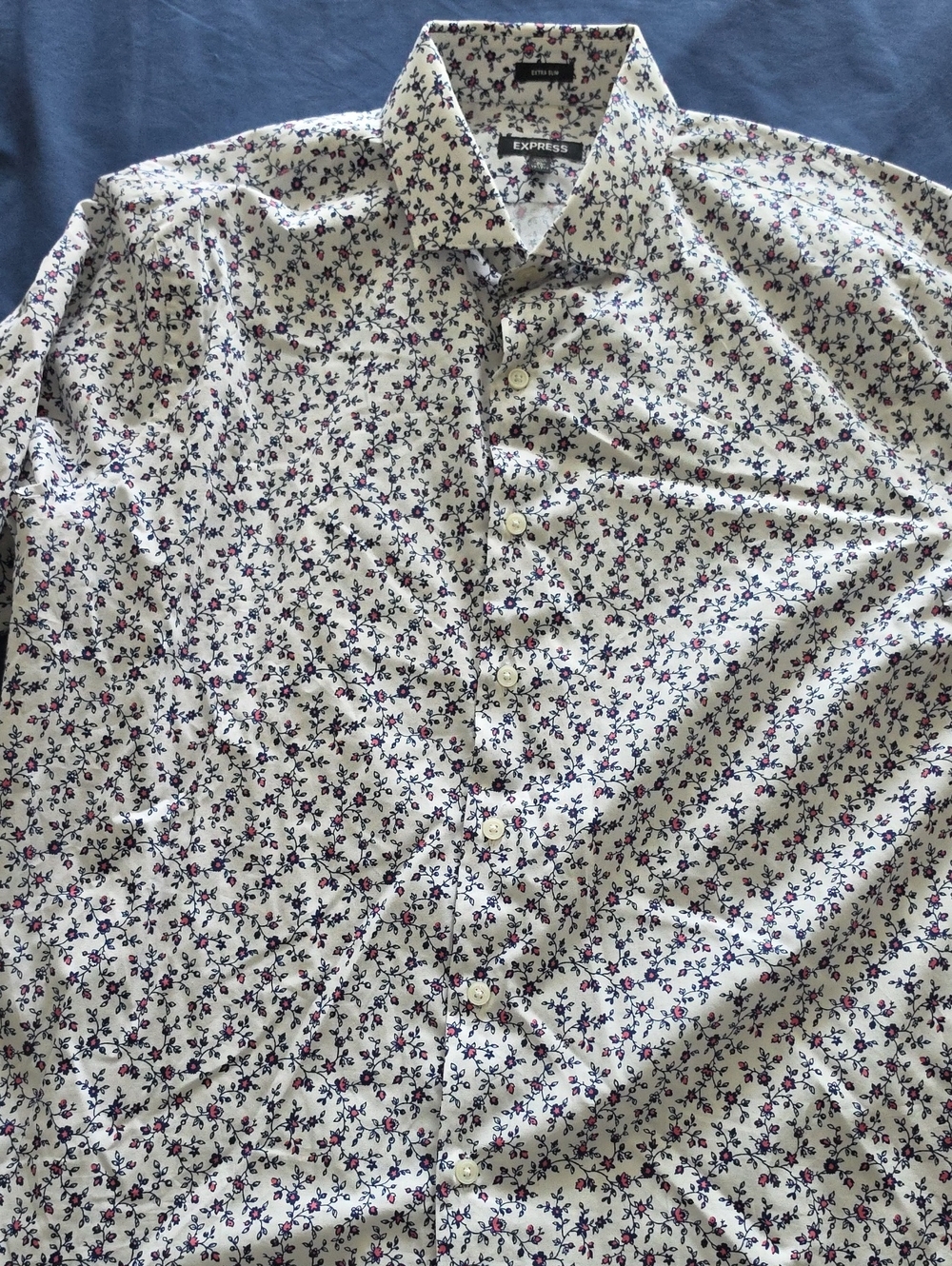 Express Men’s Long Sleeve White Button-Down Shirt with Navy and Red Floral Print